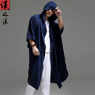 中国风男士蝙蝠袖亚麻长衫外套中长款连帽禅服棉麻防晒开衫打坐服