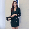 西服外套秋装2018女韩版OL气质V领长袖修身双排扣包臀连衣裙