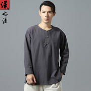 中式复古长袖t恤男麻料亚麻，圆领宽松上衣中国风，体恤衫纯色打底衫