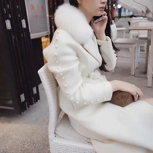 2018韩国过膝羊绒大衣，中长款狐狸毛领，显瘦气质白色羊毛外套女