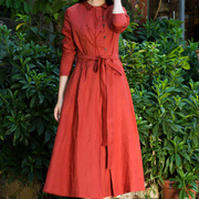 衣庄可人原创设计砖红手绣气质修身连衣裙红枫叶