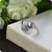 娣沙珍宝■珍珠戒指纯银天然淡水珍珠8-9mm锆石款玫瑰花开口戒指