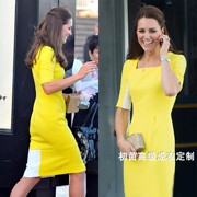 高级成衣定制凯特王妃同款黄白，拼色连衣裙女中款修身显瘦优雅夏装
