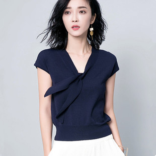 2023春夏季韩版薄款套头显瘦v领女装上衣短袖，针织衫打底衫t恤