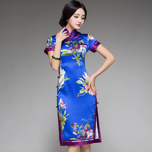 夏季女真丝旗袍，中式复古礼服短袖，气质印花宝蓝色连衣裙短款修身