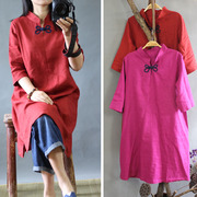 一件棉麻女装中式改良蝴蝶扣，文艺棉麻中袖民族风连衣裙长衫