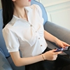 夏季韩版白衬衫女短袖正装V领职业工装大码打底百搭修身衬衣OL