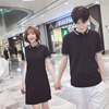 情侣装夏装2022韩版修身上衣短袖，t恤polo衫，男女黑纯色显瘦连衣裙