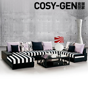现代时尚皮布 布艺沙发组合大客厅黑白条纹 简约个性大小户型