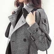 女士风衣2023年春秋装韩版中长款大码修身显瘦格子外套双排扣大衣