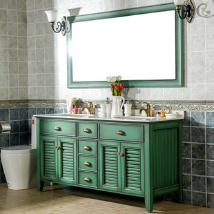 美式实木浴室柜组合落地式复古绿色洗脸盆洗漱台卫生间，洗手台盆柜