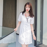 夏季小清新白色刺绣镂空纯棉连衣裙小个子少女短裙甜美洋装裙子