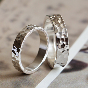 原创手工水波纹情侣纯银戒指99足银个性对戒男女指环刻字