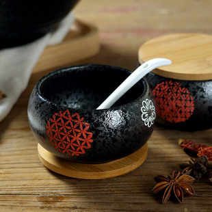 釉下彩日式陶瓷调味罐瓶竹木盖手绘瓷器家庭盐糖寿司芥末调料勺子