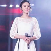 2019赵丽颖跨年晚会明星同款白色镂空蕾丝修身显瘦中袖连衣裙女仙