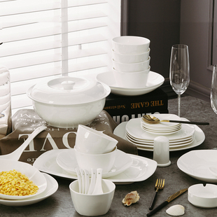 景德镇陶瓷器高档韩式方形纯白56头骨瓷餐具套装自由搭配碗碟盘子