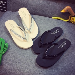 韩版时尚夏季女鞋坡跟闪钻沙滩拖鞋人字拖手工缝制水钻夹拖凉拖鞋