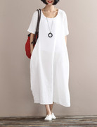 夏季双层棉纱短袖连衣裙白色柔软舒适宽松裙子圆领文艺，范长裙(范长裙)袍子