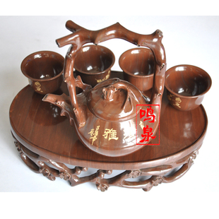 鸣泉木鱼石工艺聚宝，提梁茶具天然木鱼石茶具套装，茶壶茶具茶杯