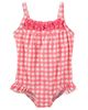 卡特女童防晒连体泳衣，玫红荧光格子，立体花朵0-5岁