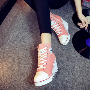韩国ulzzang坡跟帆布鞋8厘米，高跟韩版拉链系带高帮，内增高休闲女鞋
