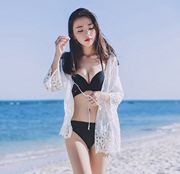黑白纯色比基尼三件套性感钢托聚拢胸泳衣女镂空外搭沙滩罩衫
