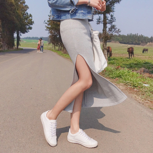 2023夏季韩版莫代尔右侧开叉半身裙中长款高腰包(高腰包)臀裙一步裙女