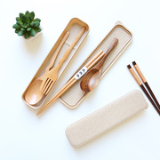 创意小麦秸秆餐盒环保旅行收纳盒学生勺叉筷便携餐具空盒子
