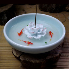 古御陶瓷 景德镇青瓷香插香炉 手绘立体3D荷塘小鱼 现代陶瓷摆件