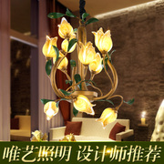 美式复古琉璃吊灯 铁艺欧式田园花草灯花朵创意楼梯间餐厅卧室灯