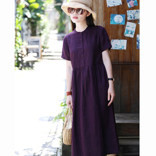 紫竹十木米原创2024夏亚麻(夏亚麻)旅行文艺，气质紫色短袖长款连衣裙