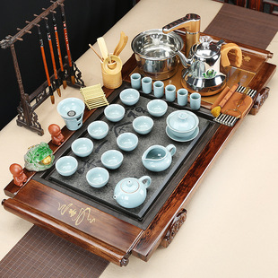 实木茶盘茶具套装四合一电磁炉整套陶瓷，冰裂紫砂功夫茶杯茶海家用
