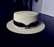 夏天百搭黑色白色平顶小礼帽女士时尚休闲珠钉草帽出游度假帽子