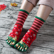 圣诞袜五指袜纯棉袜卡通拇指袜 可爱冬季中筒五指袜女款 圣诞麋鹿