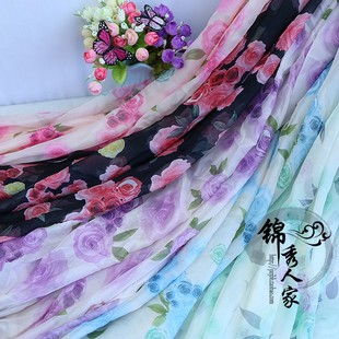 30d印花雪纺布料中国风玫瑰花丝巾古装汉服，裙纱装饰裙子服装面料