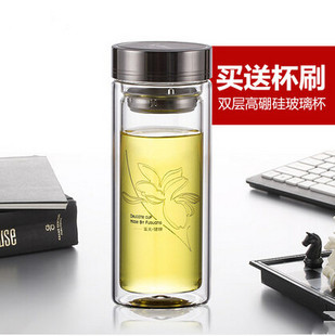 富光双层玻璃杯703-320带盖男士便携防漏隔热花茶，办公水杯子