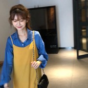 乌77韩国好看的姜黄色(姜，黄色)套头v领无袖吊带裙中长款雪纺连衣裙女夏
