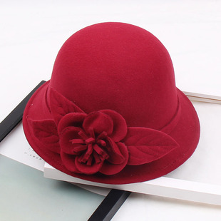 韩版秋冬季女潮羊毛呢帽子花朵，英伦复古渔夫，盆帽时尚百搭时装礼帽
