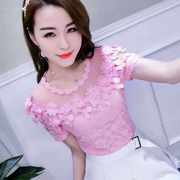 夏季韩版百搭娃娃衫，圆领白色镂空蕾丝打底衫女短袖上衣小衫潮