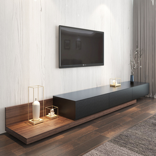 北欧电视柜茶几黑胡桃木色可伸缩电视，机柜现代简约实木多层地柜