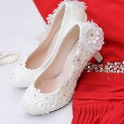 结婚鞋子新娘鞋蕾丝绣花水钻鞋白色高跟婚鞋伴娘鞋礼服宴会鞋单鞋