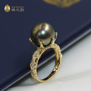 大溪地黑珍珠天然海水珍珠戒指，18k金复古(金复古)奢华正圆强光孔雀绿