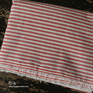 布悟春季日式复古红色条纹棉麻布料色织桌布靠枕裙子衬衫面料