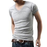 夏装男士紧身t恤韩版修身v字领短袖加大码，半袖低领纯棉体恤潮