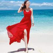 夏红色(夏红色)吊带长裙雪纺，露背不规则连衣裙波，西米亚长裙海边度假沙滩裙