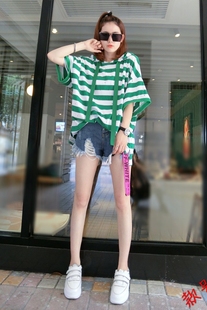 韩国夏装连帽条纹短袖薄t恤女米奇印花宽松显瘦bf风半袖套头上衣