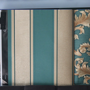 蓝绿色竖条纹墙纸搭配欧式大马士革ab款压纹墙纸，书房客厅电视墙