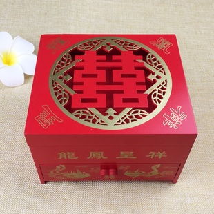 中式小木盒复古木质首饰盒 梳妆盒结婚新娘红色带镜子化妆盒
