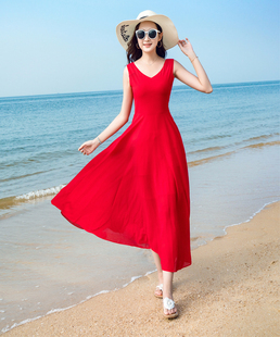 雪纺连衣裙2023夏季无袖波西米亚，长裙优雅时尚海边度假沙滩裙气质