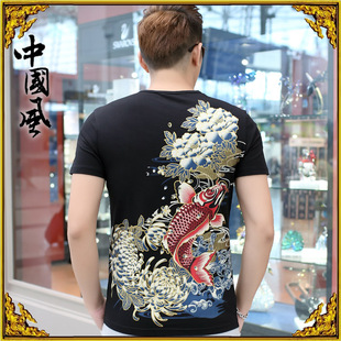 原创夏装潮男士烫金鲤鱼短袖T恤 中国风半袖圆领韩版个性纹身上衣